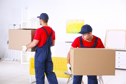 Removal van and moving team in a Richmond residential street